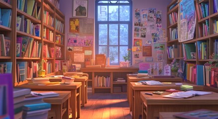 Poster - Cozy library interior with bookshelves, desks, and window.