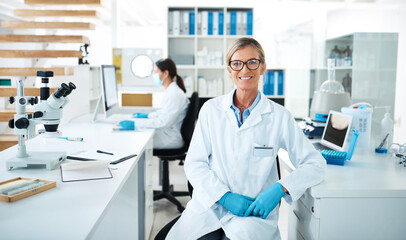 Poster - Portrait, medical and research with women in lab, confidence and experiment with equipment. People, science and professional in workplace, career ambition and testing for breakthrough and biology
