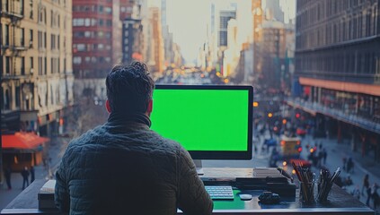 Aufkleber - Man working on computer with green screen overlooking city street.