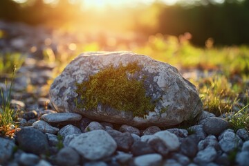 Poster - Mossy rock at sunset on gravel path.