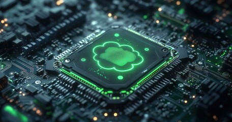 Poster - High-Resolution Close-Up of a Futuristic Microprocessor on a Circuit Board with Glowing Green Highlights and Intricate Technology Background