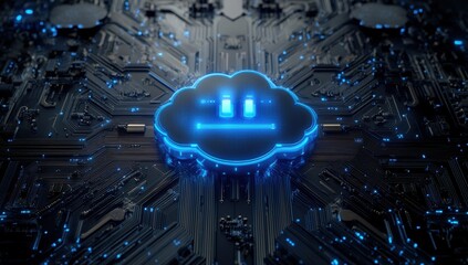 Poster - High-Tech Cloud Computing Concept with Neon Glow on a Circuit Board Background Representing Data Storage and Digital Connectivity in the Modern Age