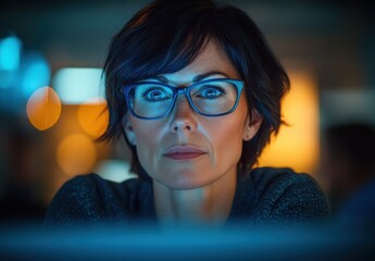 Aufkleber - Intense Focus of a Woman in Glasses Working Late at Night Surrounded by Soft Glowing Lights in a Modern Office Setting