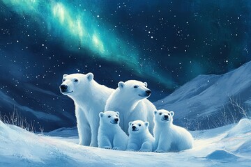 a family of polar bears standing in the snow
