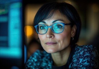 Aufkleber - Professional woman with glasses focused on computer screen in a modern office environment, showcasing concentration and expertise in technology and business.
