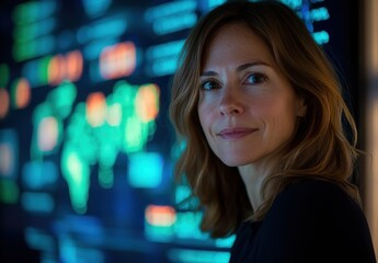 Poster - Professional woman in front of digital display showcasing data analytics and global connectivity, representing technology and innovation in modern business environment