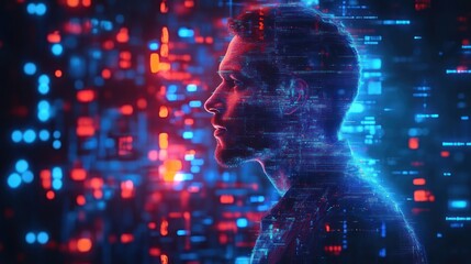 Poster - AI Cyber Security Analysis Portrait of a Black Male IT Specialist in a Dark Environment with Digital Data Streams