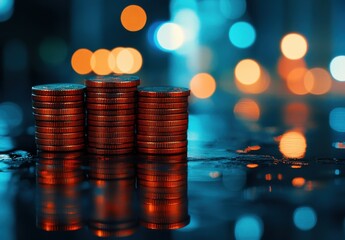 Poster - Stacked Coins Glimmering in Ambient Light with Colorful Bokeh Background Representing Finance, Investment, Savings, and Wealth in a Modern Urban Setting