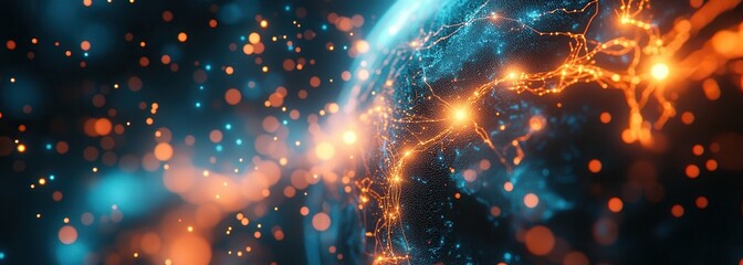 Poster - Stunning Visualization of a Digital Network Constellation with Glowing Nodes and Particles Representing Connections Across the Globe in a Futuristic Style