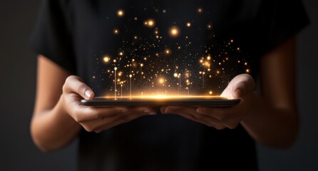 Aufkleber - Woman's hands holding tablet with glowing particles.