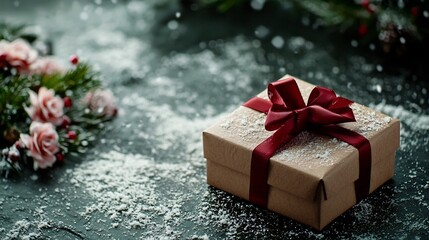 Poster - Carefully wrapped gift box with a red ribbon and bow placed on a snowy surface with a soft blurred background