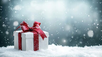 Poster - Exquisitely Wrapped Gift Box with Elegant Red Ribbon and Bow Placed on a Serene Snowy Surface with a Soft Blurred Background for Copy Space or Text Overlay