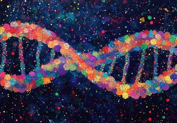 Poster - Vibrant Artistic Representation of a DNA Helix with Colorful Dots Against a Cosmic Background, Symbolizing Genetics, Science, and Innovation
