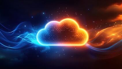 Poster - Vibrant Cloud Symbol with Colorful Light Trails in a Dark Background Representing Modern Technology and Cloud Computing Concepts