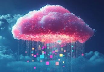 Poster - Vibrant Digital Cloud with Colorful Data Rain in a Surreal Sky During Nighttime, Representing Technology and Data Innovation in a Modern Landscape