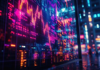 Poster - Vibrant Digital Stock Market Data Visualization with Colorful Trend Lines and Abstract Financial Information on a City Background at Night