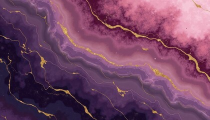Poster - Elegant purple marble texture with golden veins. Luxurious design background image. Pink, golden lines with marble floating watercolor pattern. Sophisticated aesthetic. Ideal for fashion, branding