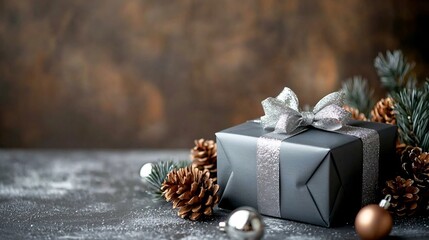 Poster - A beautifully wrapped silver gift box placed on a rustic wooden table surrounded by pinecones and holiday ornaments