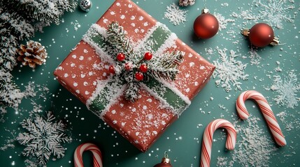 Poster - Beautifully wrapped Christmas gift box with red and green holiday themed wrapping paper surrounded by candy canes and snowy winter accents in a charming seasonal composition
