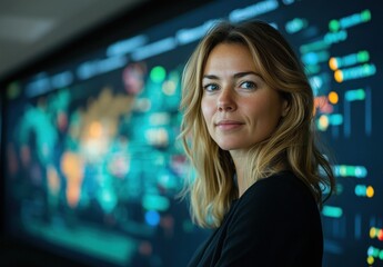 Poster - Young professional woman standing confidently in front of a large digital display featuring data analysis and global connectivity, representing innovation in technology and business.