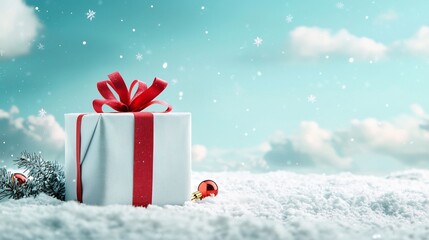 Poster - A large gift box wrapped in festive holiday paper placed at the center of a peaceful snow covered landscape with an open sky providing ample space for text overlay or additional design elements