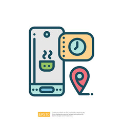 Poster - The image features a smartphone displaying a cooking pot icon, a timer, and a location pin, suggesting a cooking app with time management and location features.