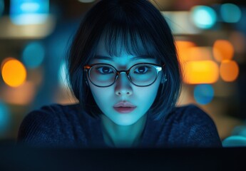Aufkleber - Young woman with glasses focused on screen in a modern workspace, illuminated by colorful bokeh lights, expressing concentration and curiosity in a tech-driven environment.