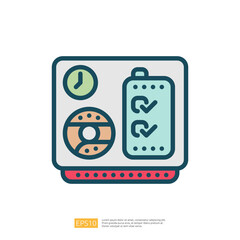 Poster - The image depicts a digital interface featuring a clock, a battery icon with checkmarks, and a circular gauge, suggesting monitoring or management of energy levels.