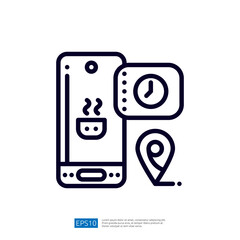 Poster - The image features a smartphone displaying a steaming cup, a clock, and a location pin, suggesting a food delivery or cooking app with time and location features.