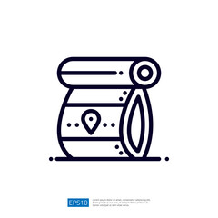 Poster - A simple line drawing of a rolled-up map or scroll, featuring a location pin, symbolizing navigation or exploration.