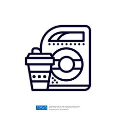 Poster - The image features a simplified graphic of a washing machine alongside a coffee cup, symbolizing a blend of household chores and leisure.
