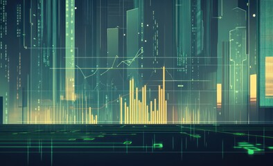 Aufkleber - Futuristic cityscape with superimposed financial data charts.