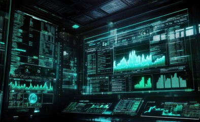 Poster - Futuristic digital control room with holographic displays showing data, graphs, and charts.