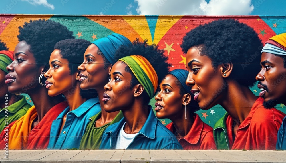 Colorful mural on city wall celebrates Black history figures. Important ...
