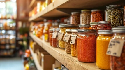 Poster - A photograph showcasing a row of neatly arranged and organized canned goods jars and dry products displayed on store shelves with an empty aisle in the foreground