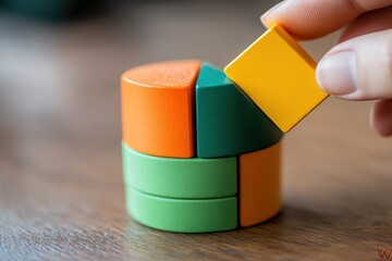 Poster - Hand placing colorful wooden block on a pie chart.