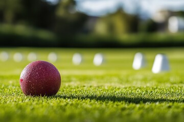 Poster - Red bocce ball on green grass lawn with white markers in background.