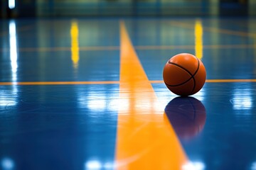 Wall Mural - Basketball on polished court.