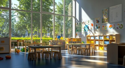 Aufkleber - Sunlit classroom with tables, chairs, and learning materials.