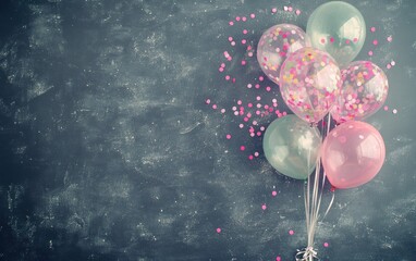 Aufkleber - Pink and mint balloons with confetti on dark background.