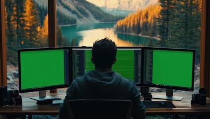 Aufkleber - Programmer working remotely with mountain view.