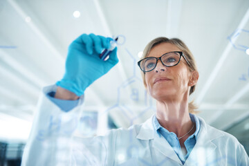 Aufkleber - Woman, science and formula on glass board at laboratory for planning, strategy and ideas on medical research. Mature person, scientist and investigation or study with notes for clinical or drug trial