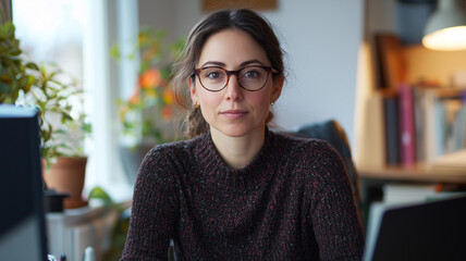 Poster - woman with glasses sits at desk in cozy home office, surrounded by plants and books, appearing focused and engaged