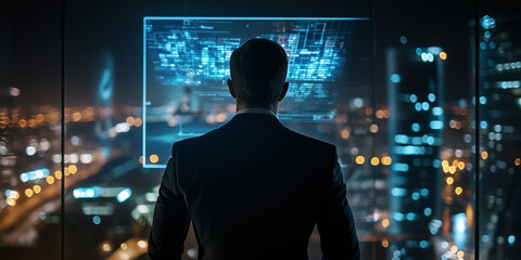 Aufkleber - man in business suit stands in modern office at night, looking at digital screen displaying data and city lights. scene conveys sense of focus and technology