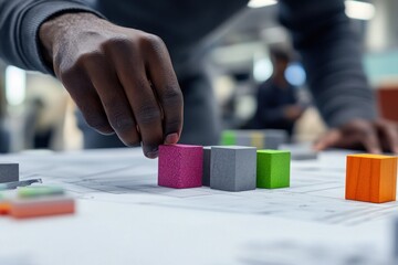 Poster - Person placing colorful block on architectural plan.
