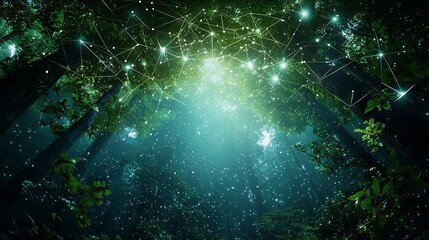 Poster - a dense rainforest landscape with a network of smart environmental sensors connected by glowing data