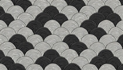 Poster - Abstract black, white Japanese wave seamless pattern. Repeating overlapping circles create stylized wave design. Suitable for backgrounds in Asian-inspired designs. Design evokes traditional Asian