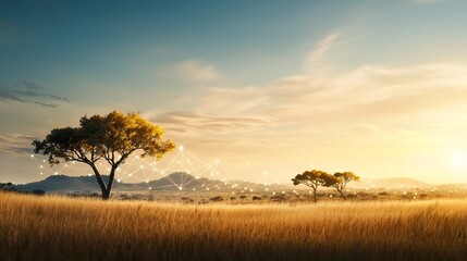 Poster - a photograph depicting a savanna landscape with interconnected wildlife tracking devices and glowing