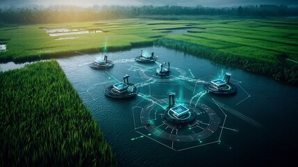Poster - wetland ecosystem with floating networked digital sensors enabling real time data sharing and insigh