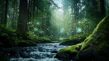 Poster - photograph showcasing a river flowing through a lush forest ecosystem with water monitoring sensors 